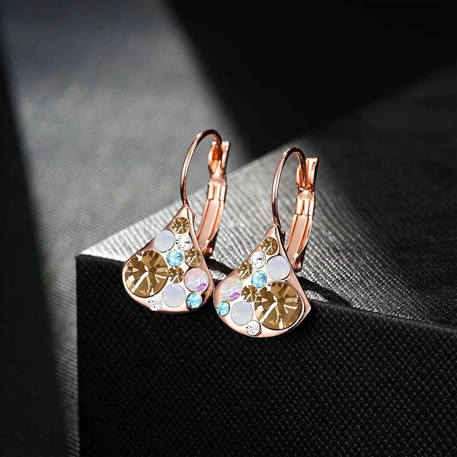Multicolored Austrian Crystal Pear-shaped Drop Earrings for Women 14K Gold Plated Leverback Huggie Earrings Hypoallergenic Jewelry