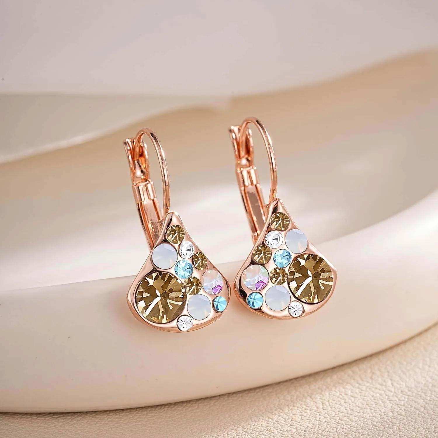 Multicolored Austrian Crystal Pear-shaped Drop Earrings for Women 14K Gold Plated Leverback Huggie Earrings Hypoallergenic Jewelry