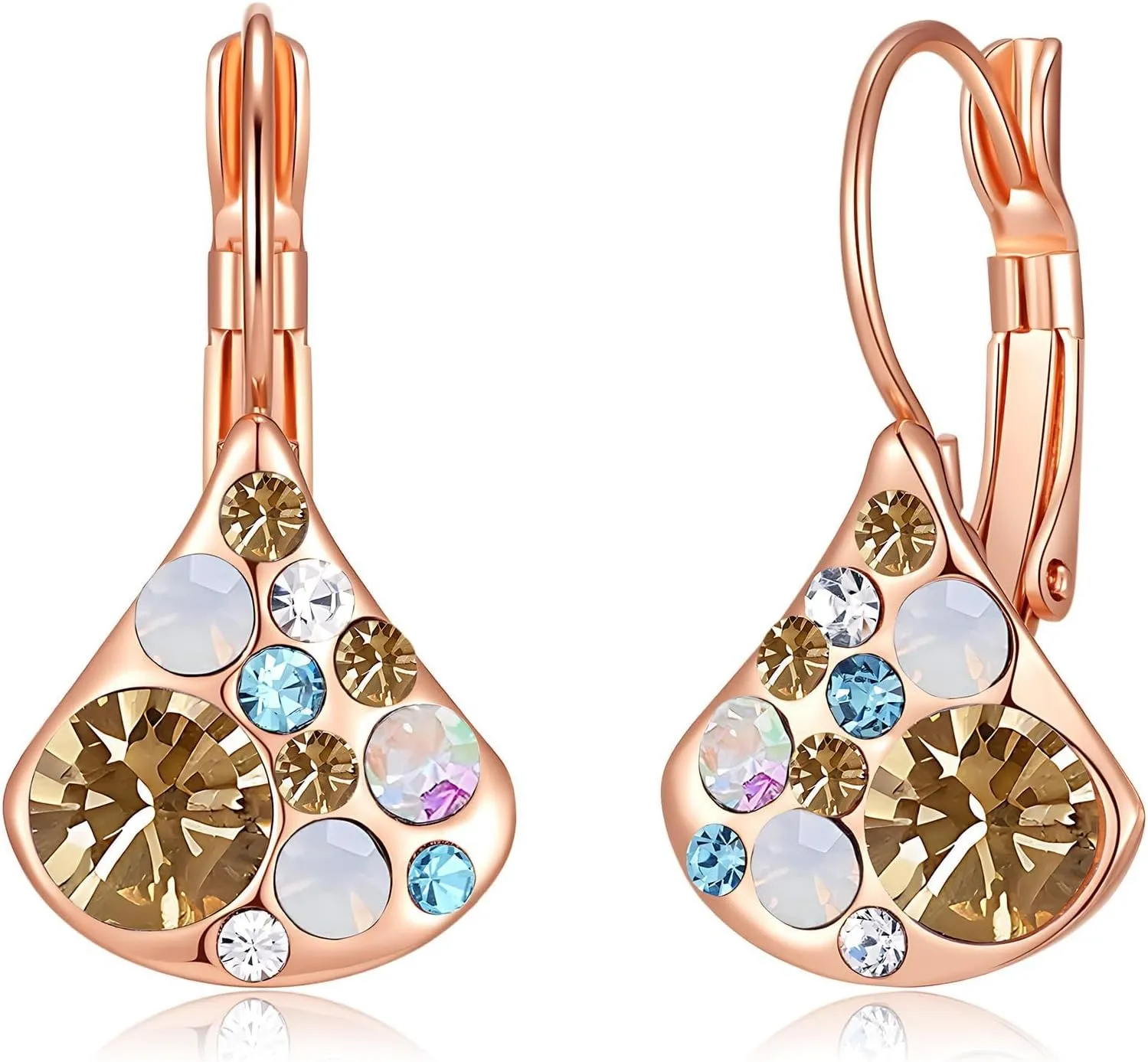 Multicolored Austrian Crystal Pear-shaped Drop Earrings for Women 14K Gold Plated Leverback Huggie Earrings Hypoallergenic Jewelry