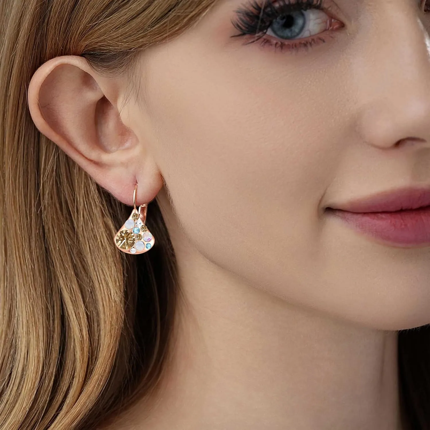 Multicolored Austrian Crystal Pear-shaped Drop Earrings for Women 14K Gold Plated Leverback Huggie Earrings Hypoallergenic Jewelry