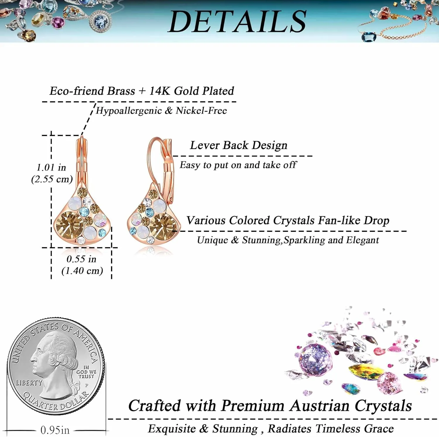 Multicolored Austrian Crystal Pear-shaped Drop Earrings for Women 14K Gold Plated Leverback Huggie Earrings Hypoallergenic Jewelry