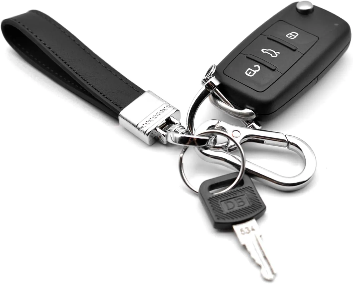 Multifunctional Car and Home Keychain Black Genuine Leather Key Chain and Metal Key Rings for Men Women, with 360 Degree Rotatable Snap Swivel and Anti-lost Screw