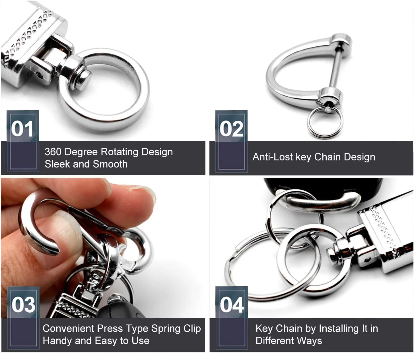 Multifunctional Car and Home Keychain Black Genuine Leather Key Chain and Metal Key Rings for Men Women, with 360 Degree Rotatable Snap Swivel and Anti-lost Screw