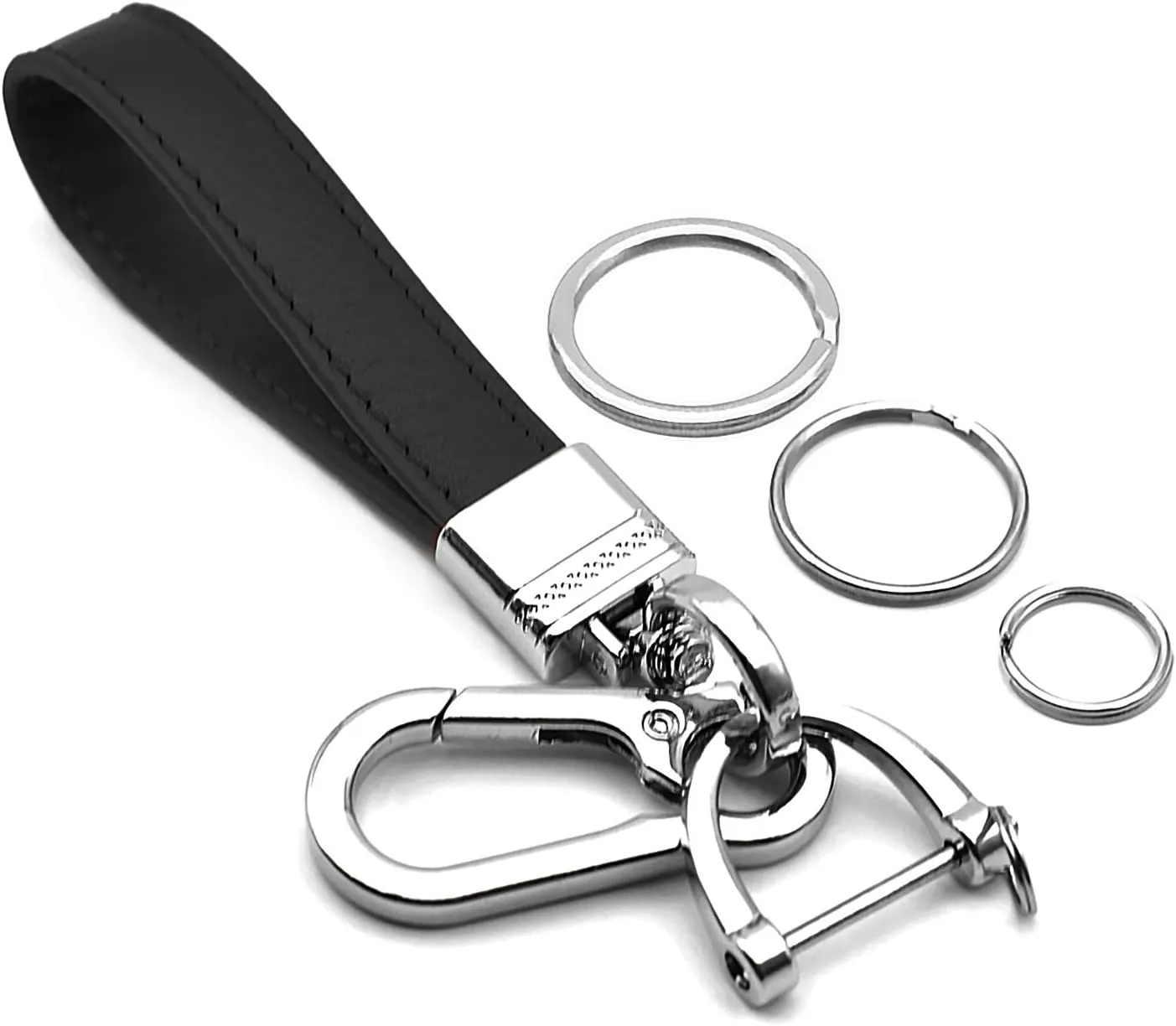 Multifunctional Car and Home Keychain Black Genuine Leather Key Chain and Metal Key Rings for Men Women, with 360 Degree Rotatable Snap Swivel and Anti-lost Screw