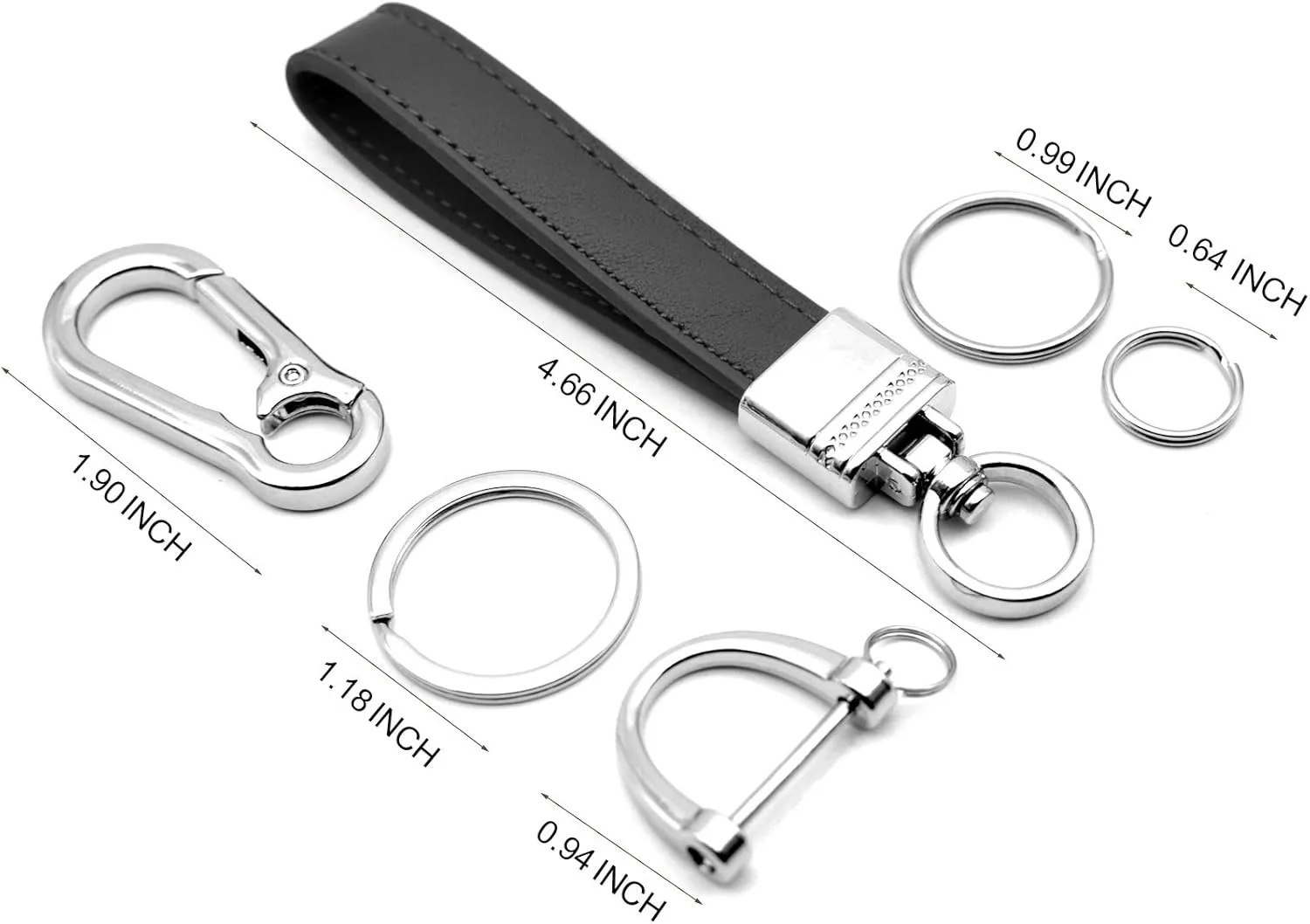 Multifunctional Car and Home Keychain Black Genuine Leather Key Chain and Metal Key Rings for Men Women, with 360 Degree Rotatable Snap Swivel and Anti-lost Screw