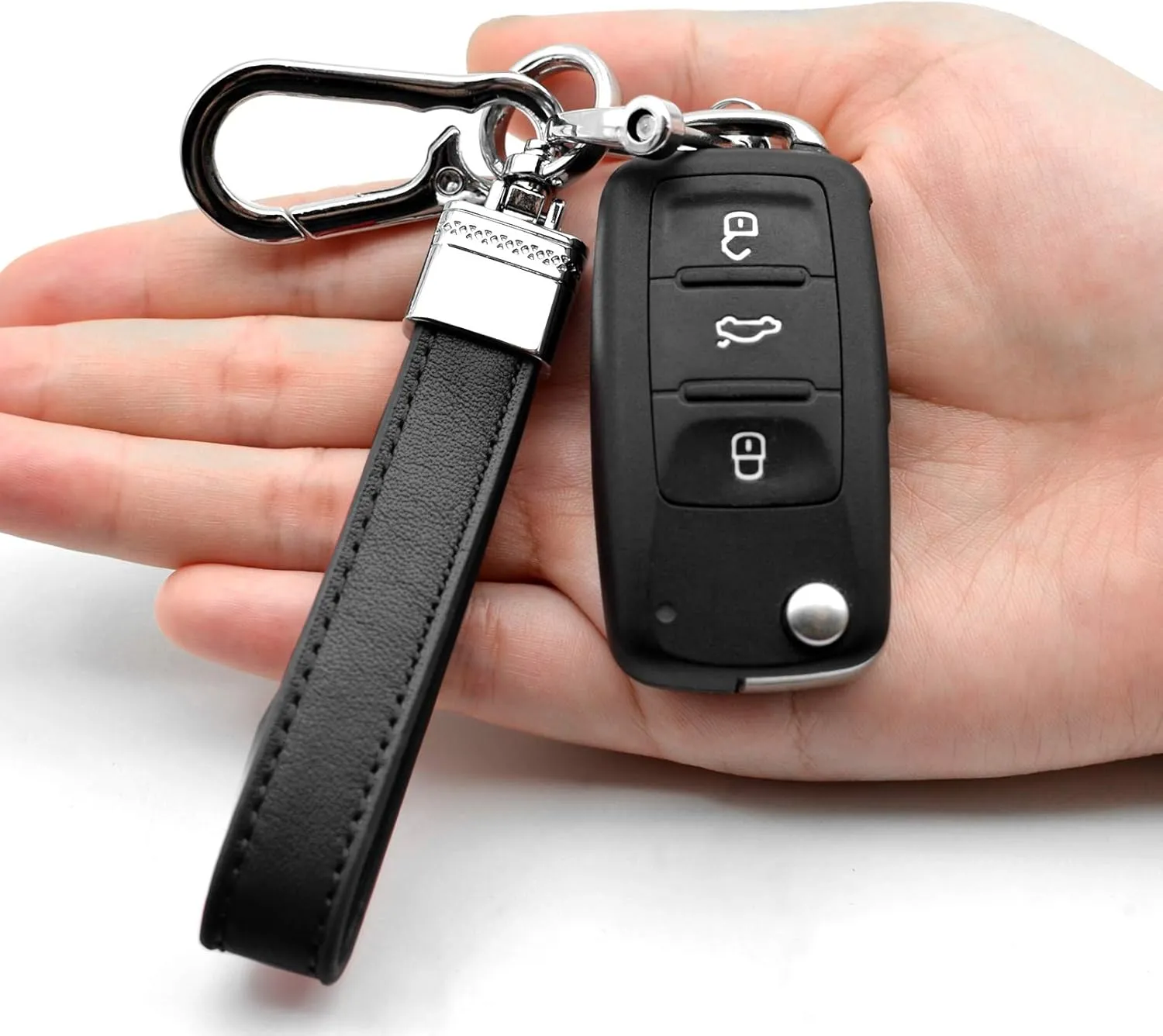 Multifunctional Car and Home Keychain Black Genuine Leather Key Chain and Metal Key Rings for Men Women, with 360 Degree Rotatable Snap Swivel and Anti-lost Screw