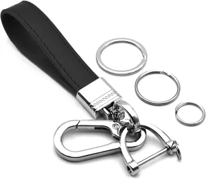 Multifunctional Car and Home Keychain Black Genuine Leather Key Chain and Metal Key Rings for Men Women, with 360 Degree Rotatable Snap Swivel and Anti-lost Screw