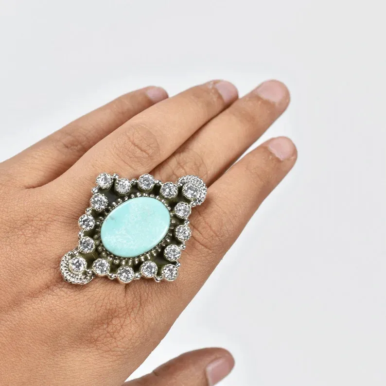 Native American Cubic Zirconia & Turquoise Cluster Rings - 925 Sterling Silver Southwestern Rings