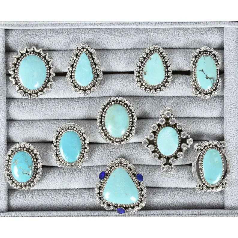 Native American Cubic Zirconia & Turquoise Cluster Rings - 925 Sterling Silver Southwestern Rings