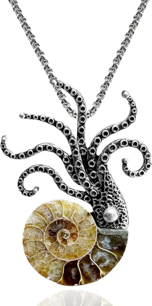 Natural Ammonite Fossil Necklace, Ancient Silver Octopus Pins and Brooches for Women, Fashion Aesthetic Stone Necklace for Men, Unisex Vintage Brooch Necklace for Birthday Christmas Party