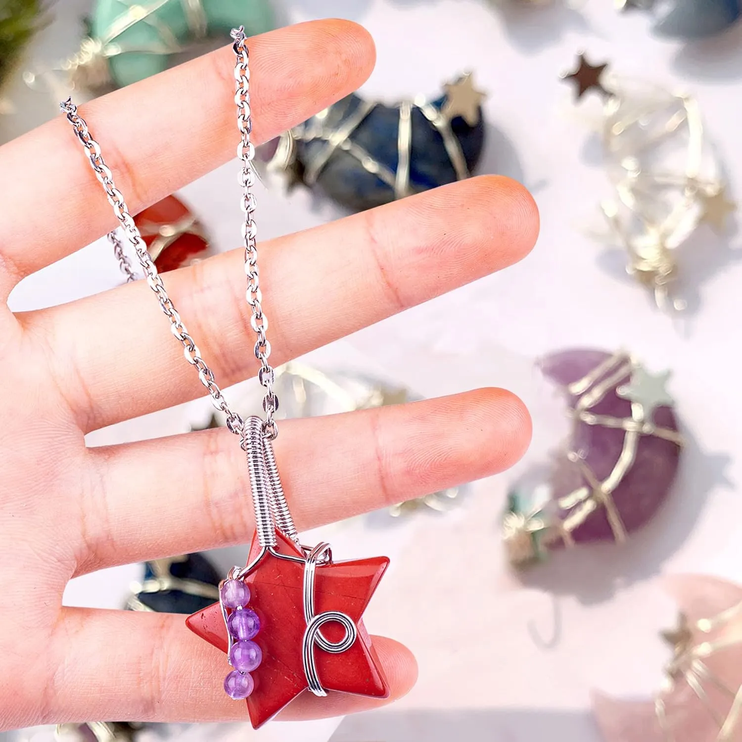 Natural Crystal Necklace & Healing Crystal Necklace Stones Quartz Necklaces Pendant for Women Star Shaped Wire Wrapped Handmade Pentagram Beads Pendant Jewelry for Energy Spiritual Reiki Gift(30MM)