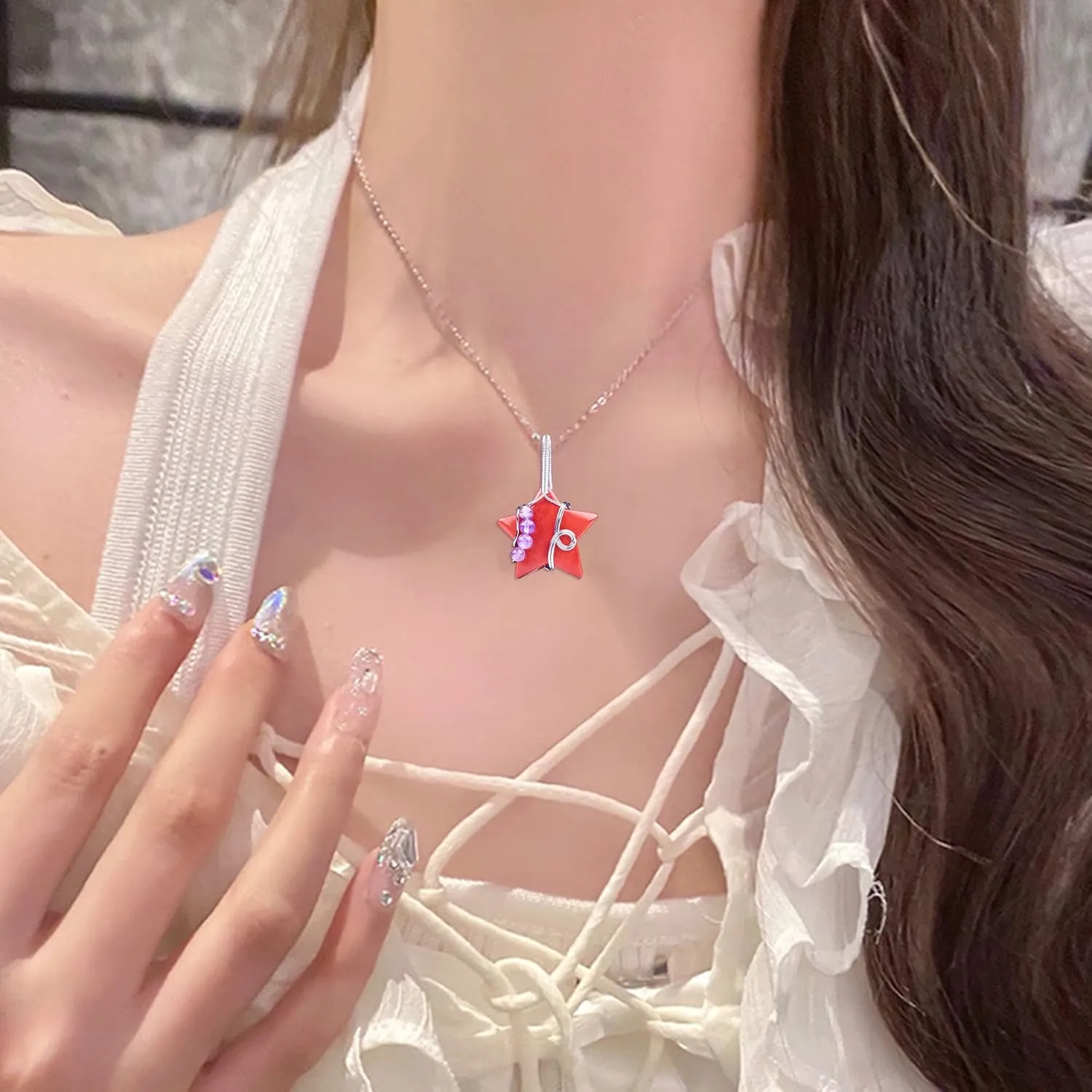 Natural Crystal Necklace & Healing Crystal Necklace Stones Quartz Necklaces Pendant for Women Star Shaped Wire Wrapped Handmade Pentagram Beads Pendant Jewelry for Energy Spiritual Reiki Gift(30MM)