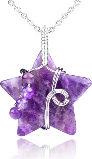 Natural Crystal Necklace & Healing Crystal Necklace Stones Quartz Necklaces Pendant for Women Star Shaped Wire Wrapped Handmade Pentagram Beads Pendant Jewelry for Energy Spiritual Reiki Gift(30MM)