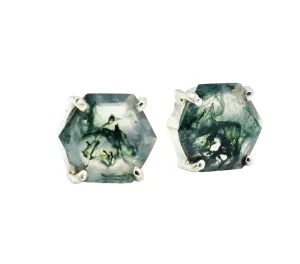 Natural Moss Agate Studs Hexagon Studs Minimalist Moss Earrings Green Moss Agate Gemstone 925 Sterling Silver Girls Earring Gemstone Earring (6 MM, Silver)
