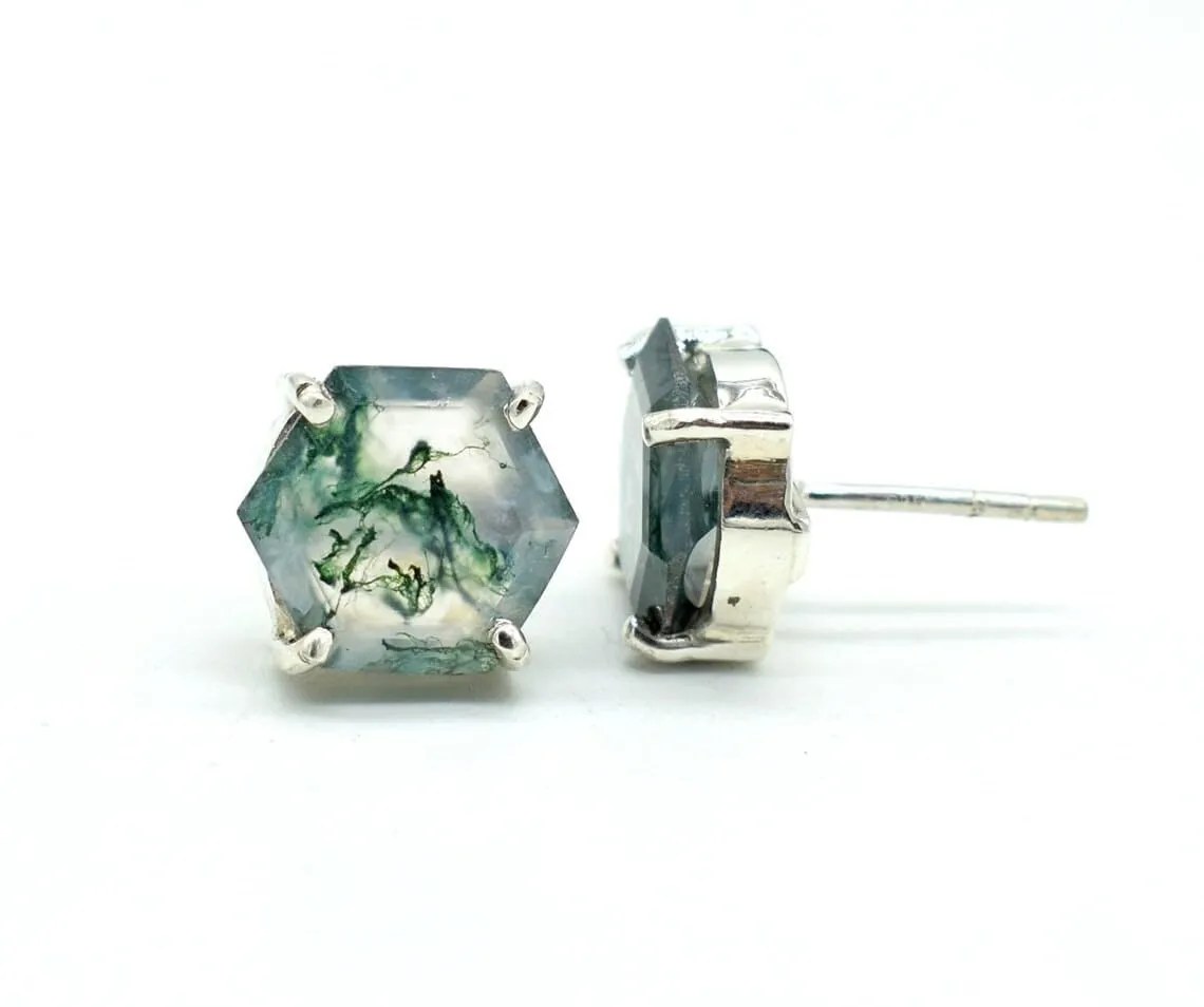 Natural Moss Agate Studs Hexagon Studs Minimalist Moss Earrings Green Moss Agate Gemstone 925 Sterling Silver Girls Earring Gemstone Earring (6 MM, Silver)