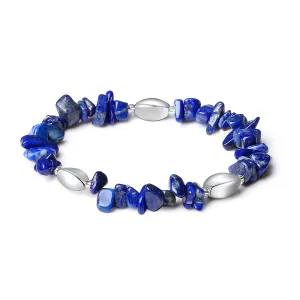 Natural Stone Beads Bracelet - Handmade Stretch Bangle with Mixed Crystal Gravel and Elegant Metal Accents for Women and Men (lapis lazuli, Silver plated)