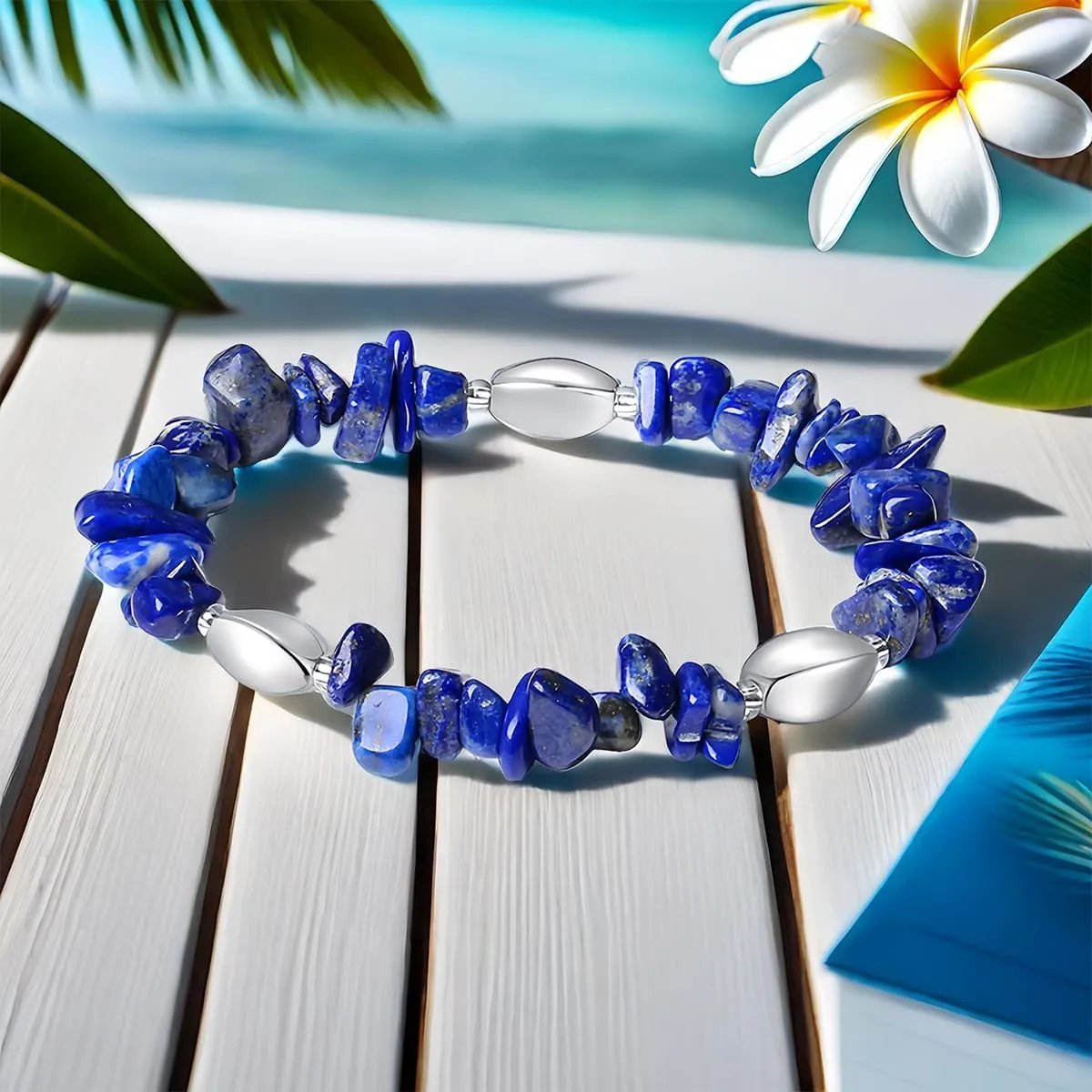 Natural Stone Beads Bracelet - Handmade Stretch Bangle with Mixed Crystal Gravel and Elegant Metal Accents for Women and Men (lapis lazuli, Silver plated)