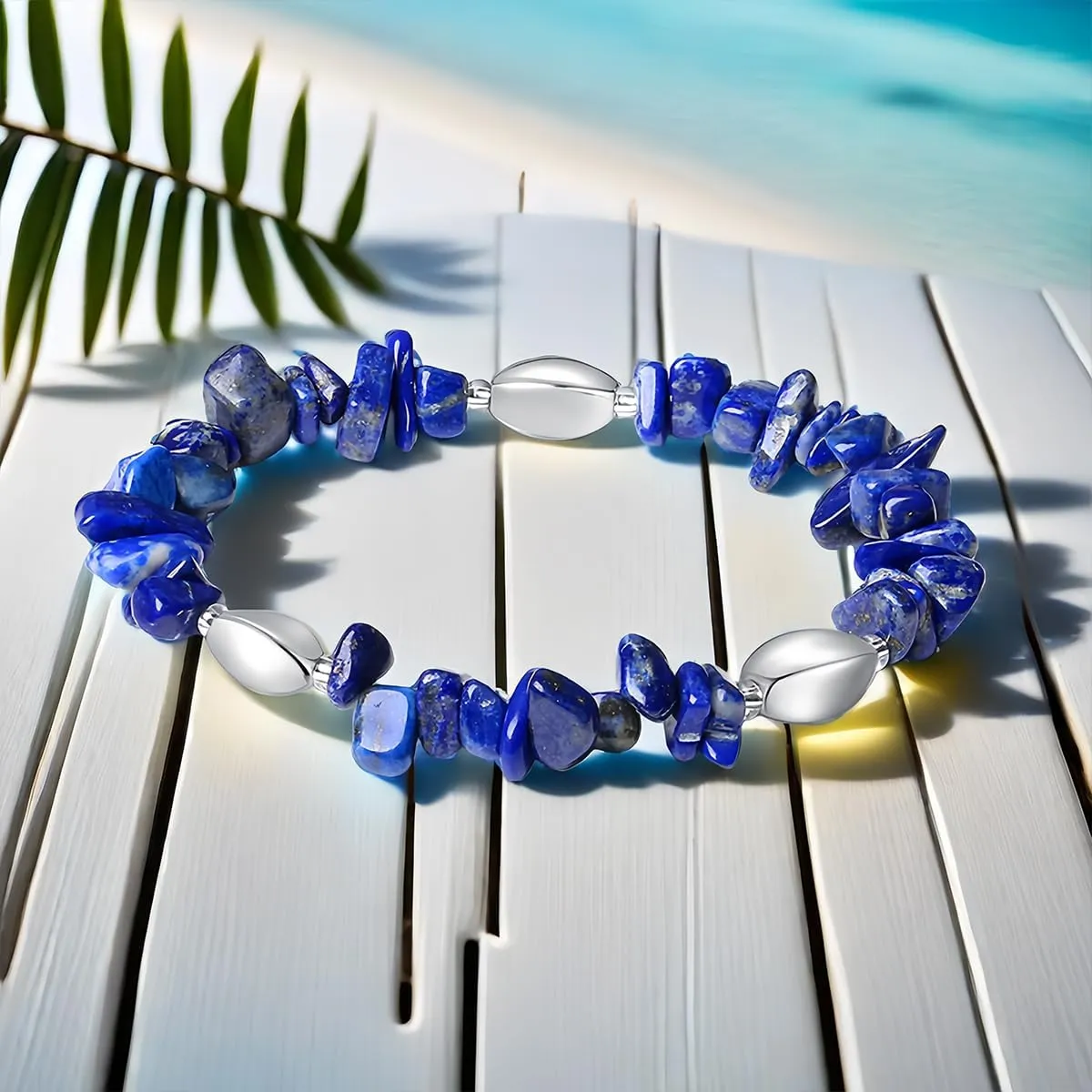 Natural Stone Beads Bracelet - Handmade Stretch Bangle with Mixed Crystal Gravel and Elegant Metal Accents for Women and Men (lapis lazuli, Silver plated)