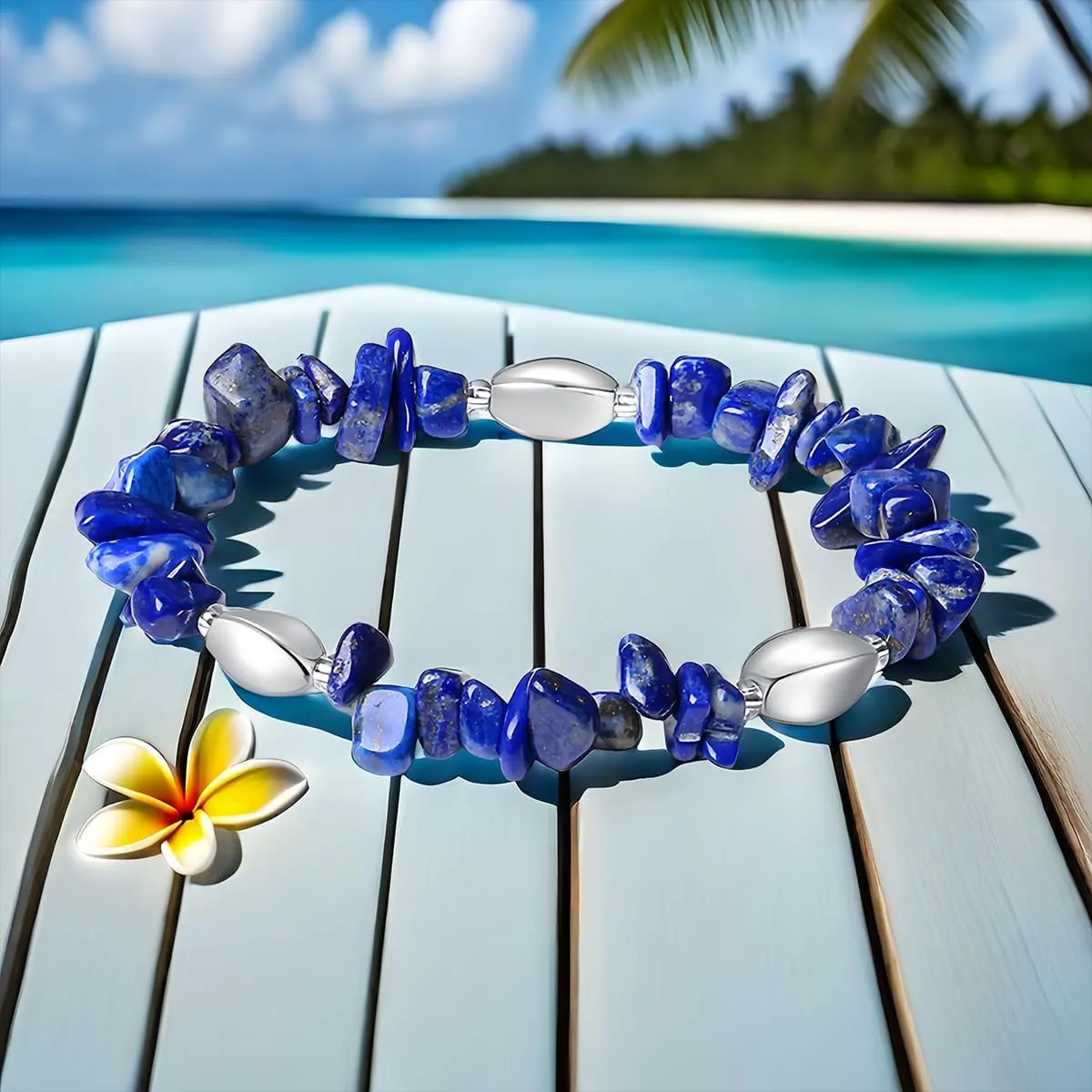 Natural Stone Beads Bracelet - Handmade Stretch Bangle with Mixed Crystal Gravel and Elegant Metal Accents for Women and Men (lapis lazuli, Silver plated)