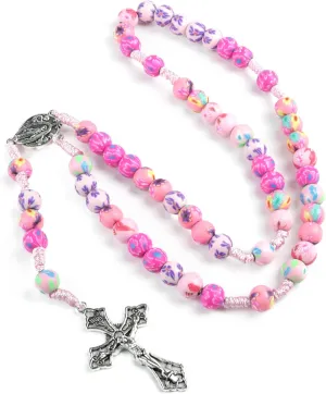 Needzo Floral Pink Cord Rosary, Colorful Prayer Bead Necklace, 16.5 Inches