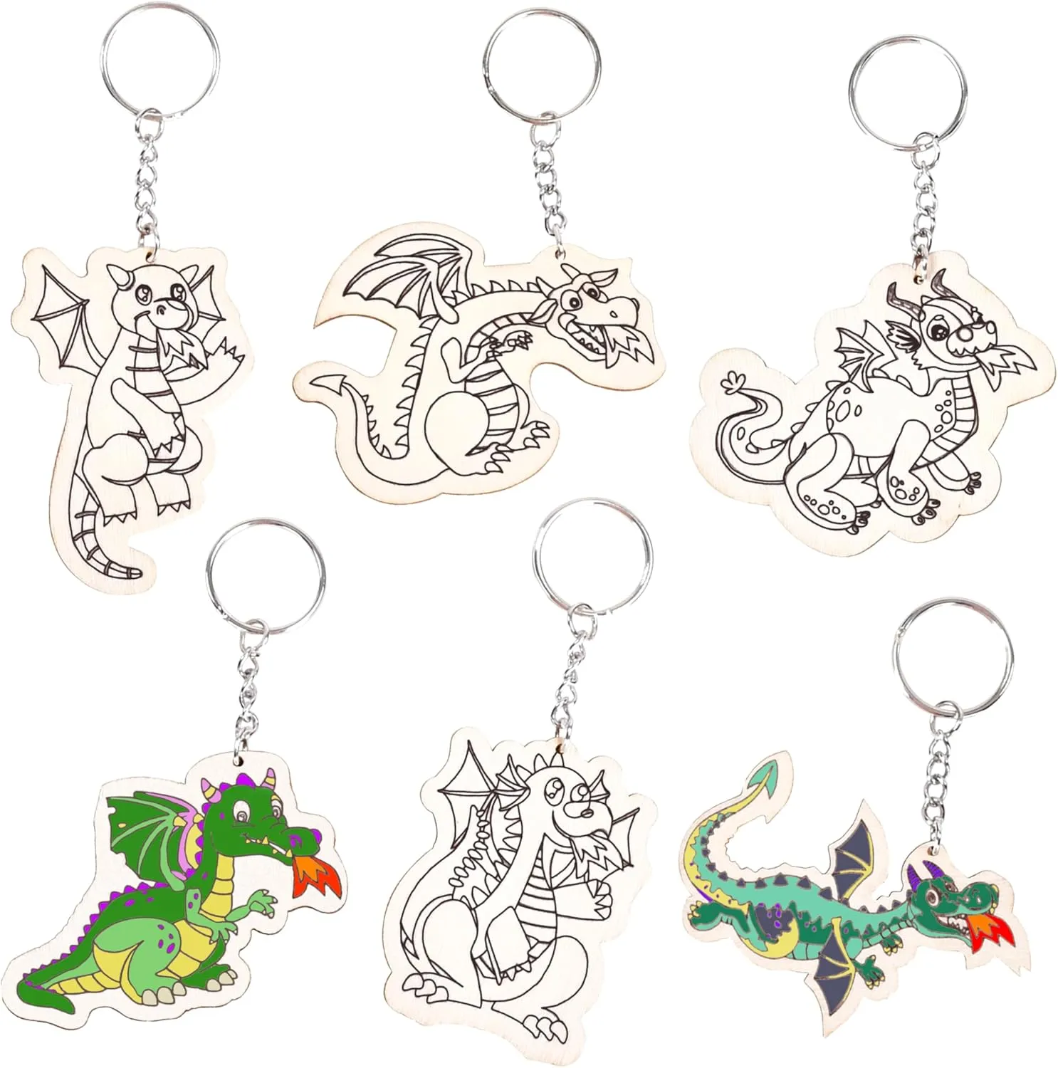 Neliblu Wooden Dinosaur Keychains - Set of 6 Dino Keychains for Kids Bag - Backpack Chains for Boys -T Rex Keychain-3.1x 2 in