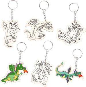 Neliblu Wooden Dinosaur Keychains - Set of 6 Dino Keychains for Kids Bag - Backpack Chains for Boys -T Rex Keychain-3.1x 2 in