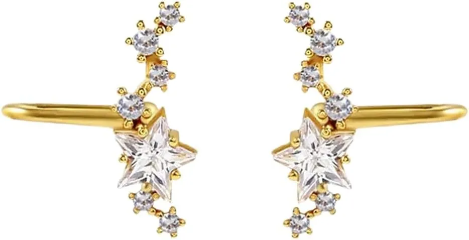 New 2025 Silver Color Simple Punk Metal Zircon Ear Cuff Clip On Earrings For Women No Pierced Crystal Star Earcuff Ear Wrap Clips Jewelry Gift Fashion Trendy Accessories Creative