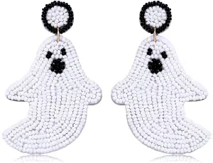 NVENF Halloween Earrings Spooky Beaded Ghost Pumpkin Dangle Earrings for Women Handmade Bead Drop Earring Studs Costume Themed Party Jewelry Gifts (Ghost)