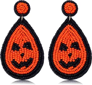NVENF Halloween Earrings Spooky Beaded Ghost Pumpkin Dangle Earrings for Women Handmade Bead Drop Earring Studs Costume Themed Party Jewelry Gifts (Pumpkin 2)