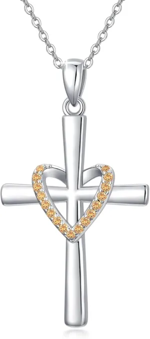 OCJ Christmas Gifts for Women Birthstone Cross Necklace 925 Sterling Silver Heart Cross Pendant Necklace Christian Jewelry gifts for Women Her Daughter Birthday Gifts for Her