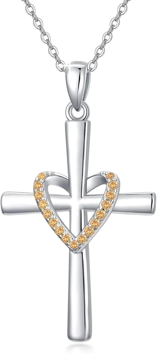 OCJ Christmas Gifts for Women Birthstone Cross Necklace 925 Sterling Silver Heart Cross Pendant Necklace Christian Jewelry gifts for Women Her Daughter Birthday Gifts for Her