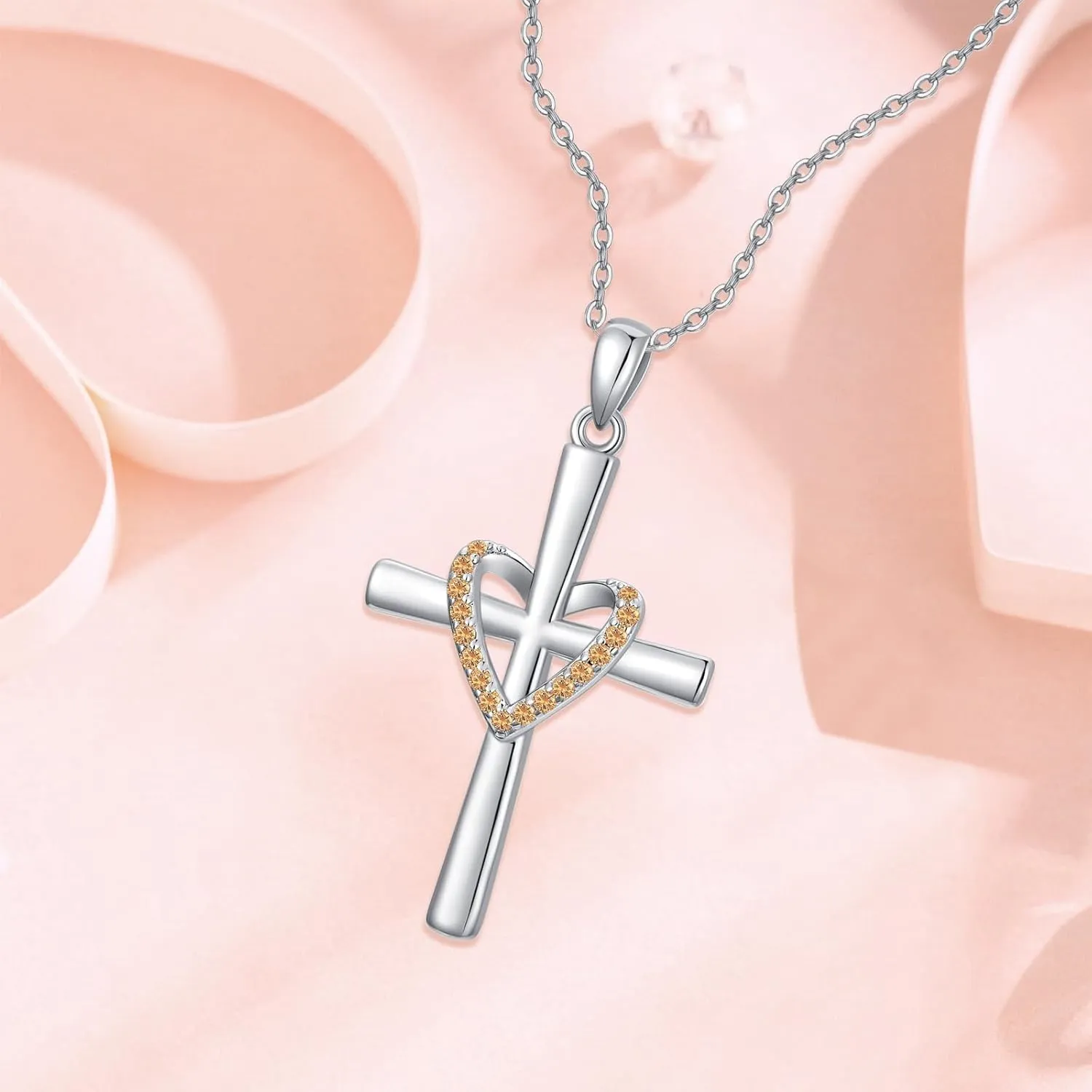 OCJ Christmas Gifts for Women Birthstone Cross Necklace 925 Sterling Silver Heart Cross Pendant Necklace Christian Jewelry gifts for Women Her Daughter Birthday Gifts for Her