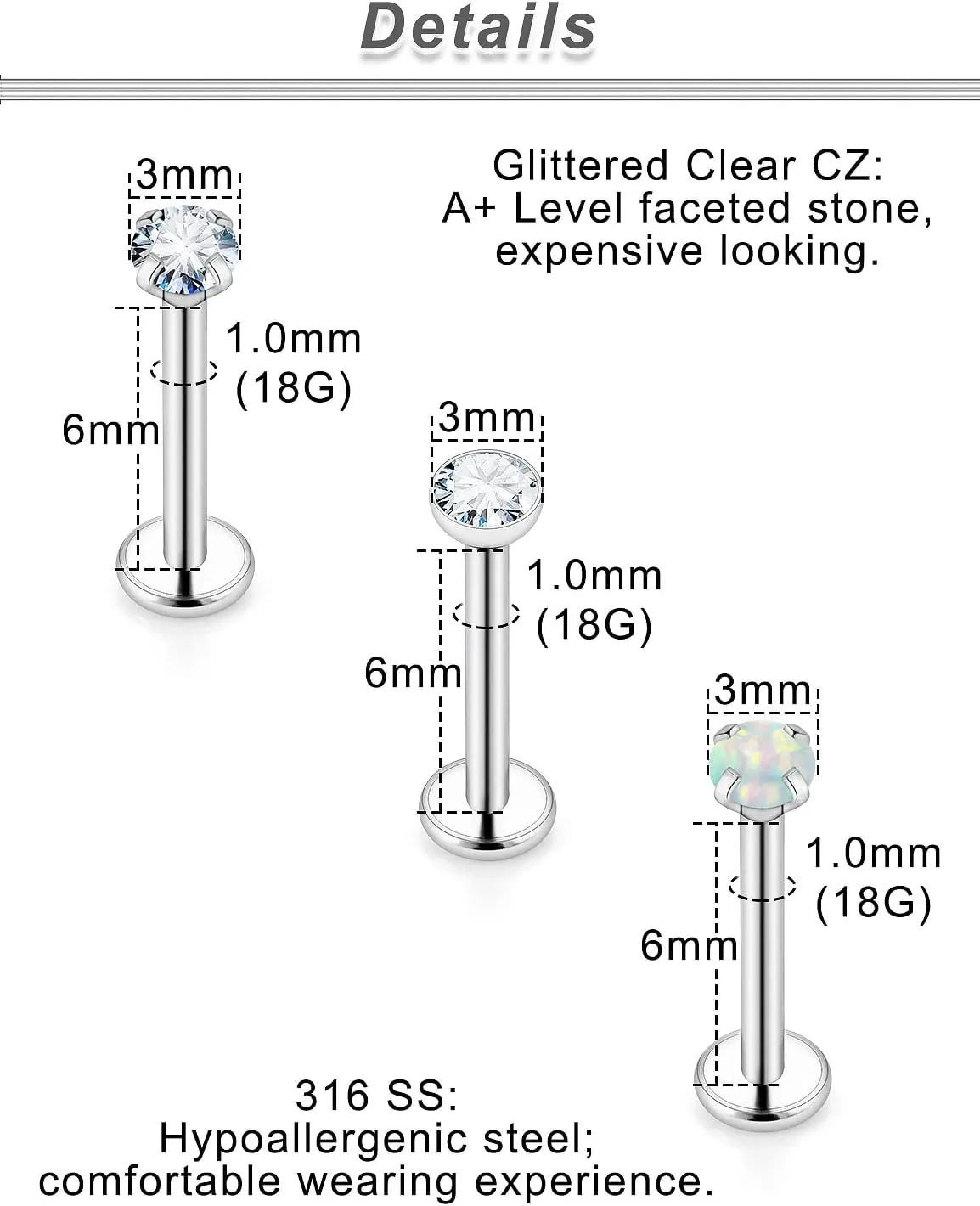 Ocptiy 20G 18G 16G Push in Theadless Nose Rings Studs Hypoallergenic Lip Labret Jewelry Flat Back Nose Stud Stainless Steel Cartilage Helix Tragus Earrings for Women Men 6mm 7mm 8mm Bars Diamond 3mm
