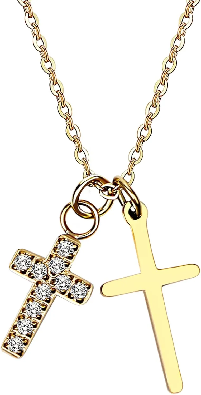 OIDEA Double Cross Necklace for Women: Shiny Zircon Cross Pendant Stainless Steel Faith Necklaces Religious Jewelry Gifts for Womens