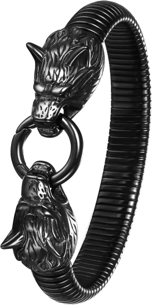 OIDEA Wolf Viking Bracelet for Men: Retro Gothic Wolf Head Cuff Bracelet Hip Hop Thick Stretch Bracelets Stainless Steel Amulet Jewelry Gifts