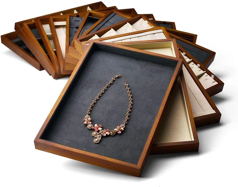 Oirlv 24 Grid Wood Jewelry Tray Microfiber Interior Jewelry Drawer Organizer Showcase Display Box Ring Earrings Holder