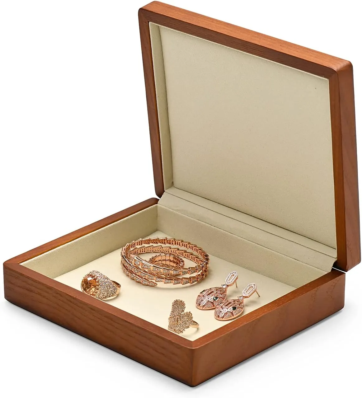 Oirlv Solid Wood Ring Jewelry Box Organizer Earrings Jewelry Drawer Organizer Tray with Lid (Creamy-white Flat Box)