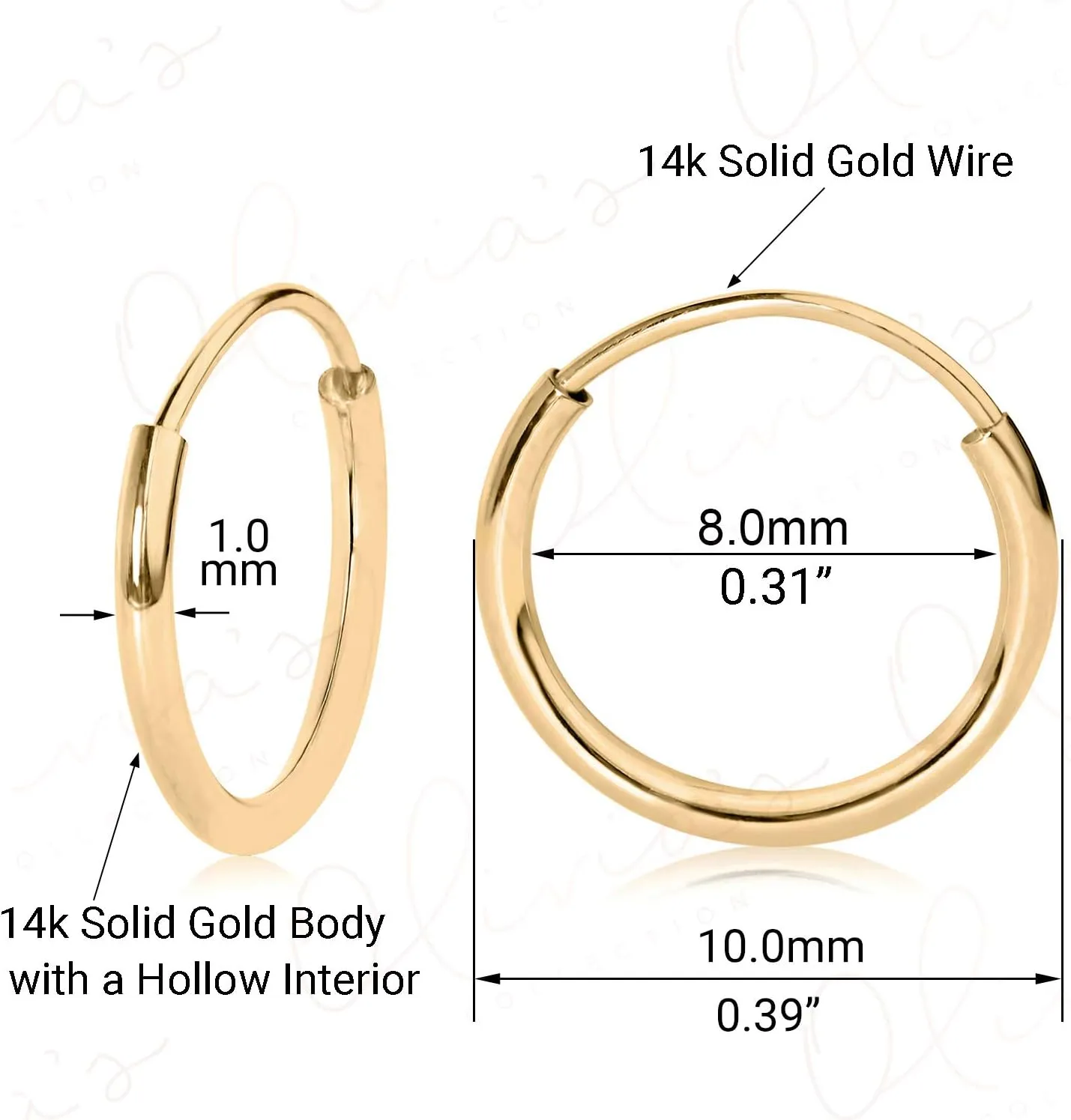 Olivia's Collection 14k White or Yellow Gold Lightweight Endless Hoop Earrings (10-20mm) True 1.0mm width. Piercing to Lobe, Upper-Lobe for a Woman, Man, Teens