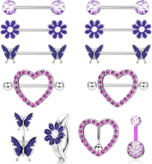 ORAZIO 14G Nipple Rings for Women Surgical Steel Belly Button Ring Butterfly Daisy Flower Nipple Barbells CZ Heart Curved Navel Rings 12 PCS Nipple Piercings Jewelry Set