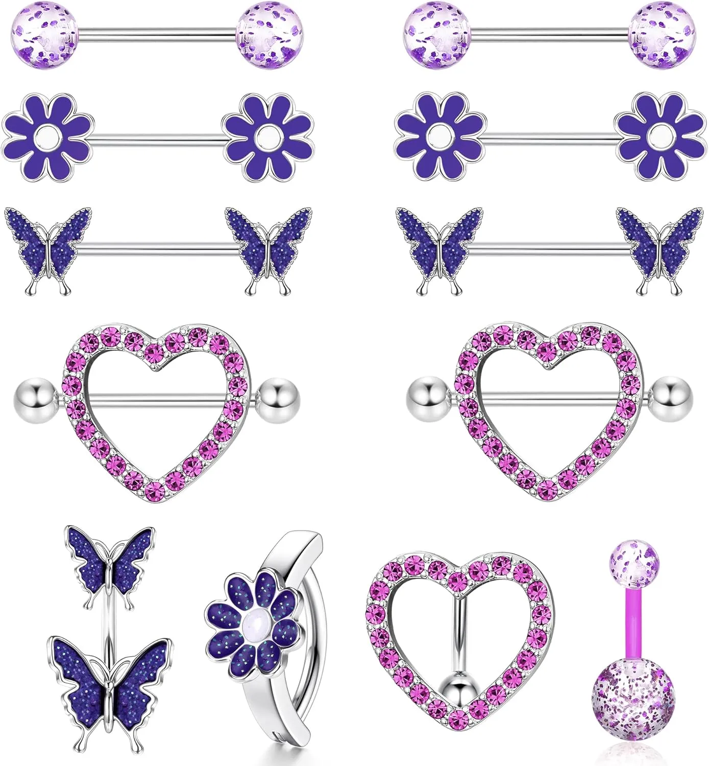 ORAZIO 14G Nipple Rings for Women Surgical Steel Belly Button Ring Butterfly Daisy Flower Nipple Barbells CZ Heart Curved Navel Rings 12 PCS Nipple Piercings Jewelry Set