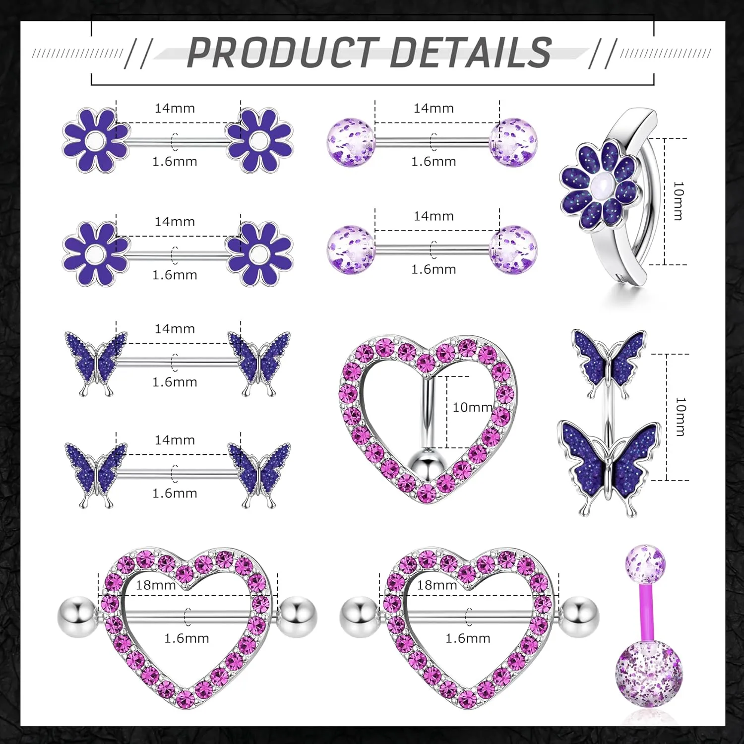 ORAZIO 14G Nipple Rings for Women Surgical Steel Belly Button Ring Butterfly Daisy Flower Nipple Barbells CZ Heart Curved Navel Rings 12 PCS Nipple Piercings Jewelry Set