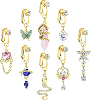 ORAZIO 8 PCS Fake Belly Ring For Women Fake Belly Piercing Dangle Clip On Belly Button Rings CZ Snake Butterfly Faux Belly Button Piercing Stainless Steel Fake Navel Rings Non Pierced