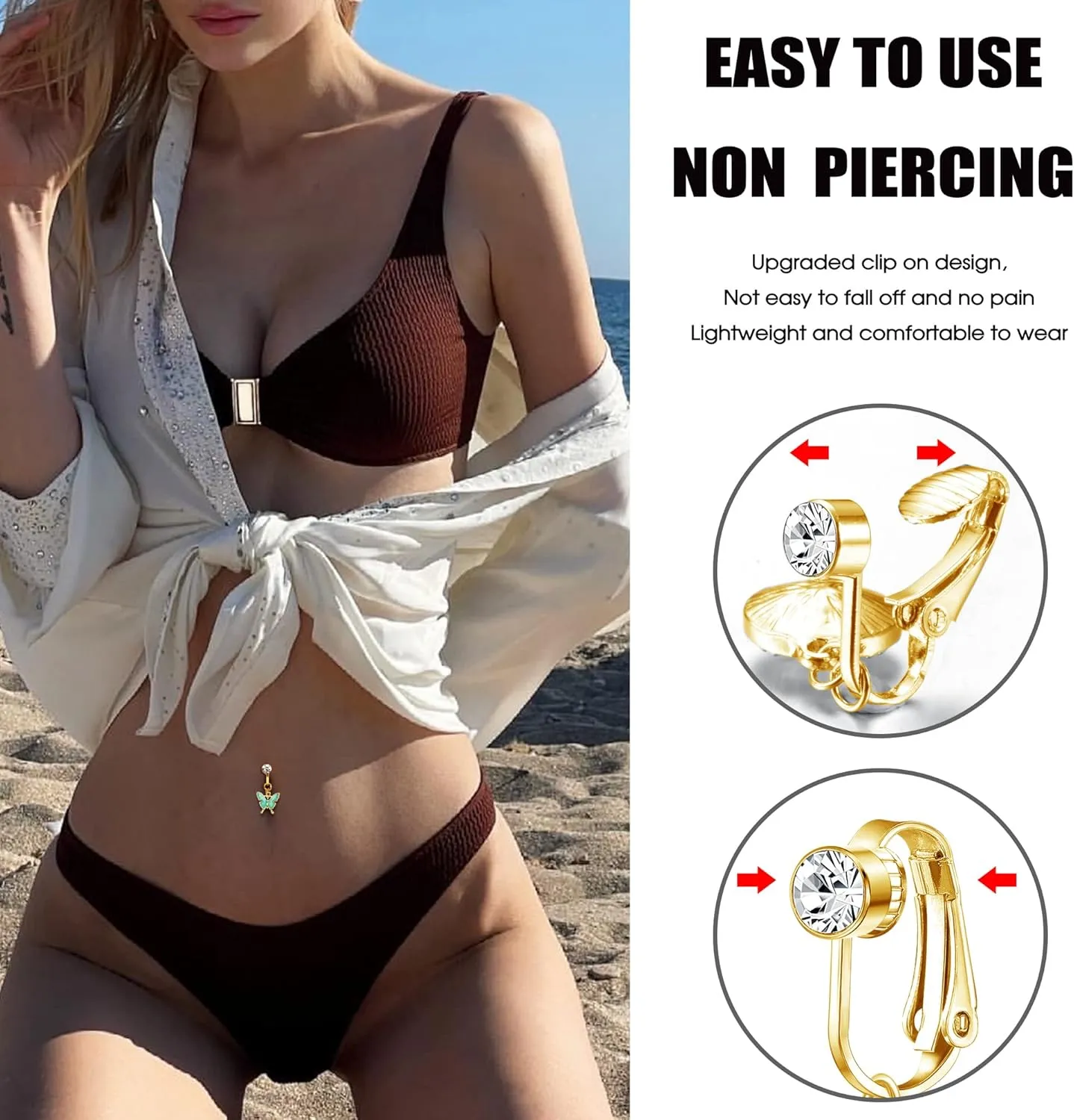 ORAZIO 8 PCS Fake Belly Ring For Women Fake Belly Piercing Dangle Clip On Belly Button Rings CZ Snake Butterfly Faux Belly Button Piercing Stainless Steel Fake Navel Rings Non Pierced