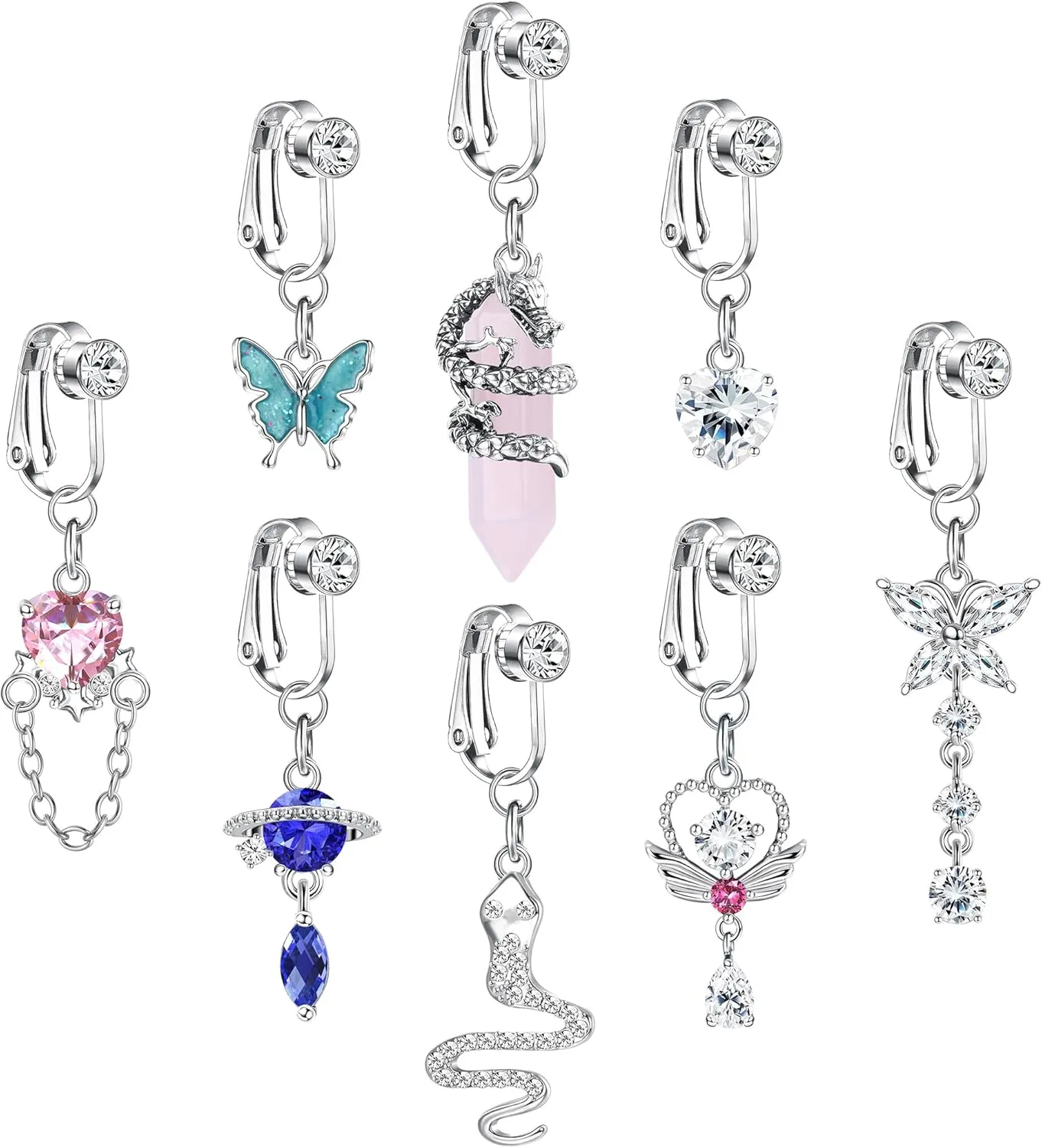 ORAZIO 8 PCS Fake Belly Ring For Women Fake Belly Piercing Dangle Clip On Belly Button Rings CZ Snake Butterfly Faux Belly Button Piercing Stainless Steel Fake Navel Rings Non Pierced