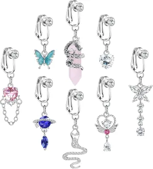 ORAZIO 8 PCS Fake Belly Ring For Women Fake Belly Piercing Dangle Clip On Belly Button Rings CZ Snake Butterfly Faux Belly Button Piercing Stainless Steel Fake Navel Rings Non Pierced