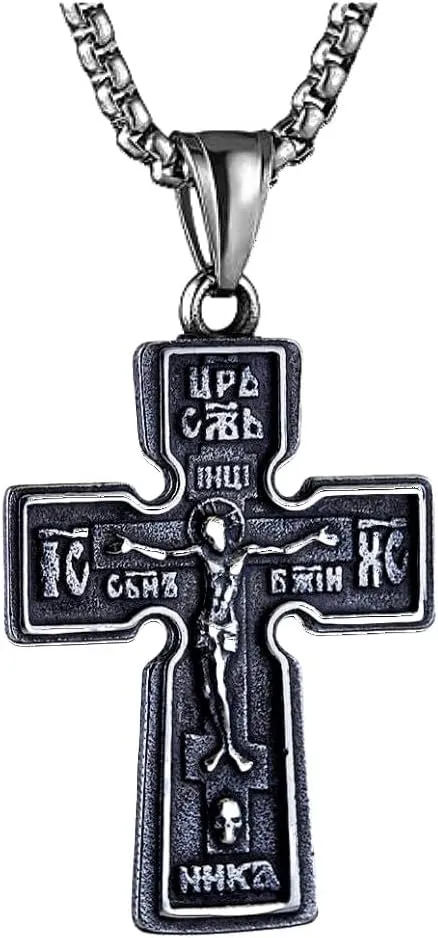 Orthodox Crucifix Cross Necklace, Stainless Steel Vintage Pendant, Christian Cross Jewelry Gift for Men Women