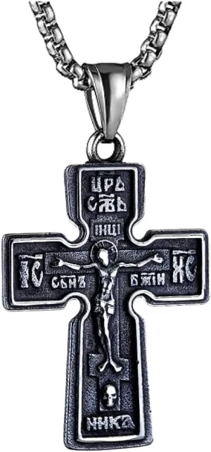 Orthodox Crucifix Cross Necklace, Stainless Steel Vintage Pendant, Christian Cross Jewelry Gift for Men Women