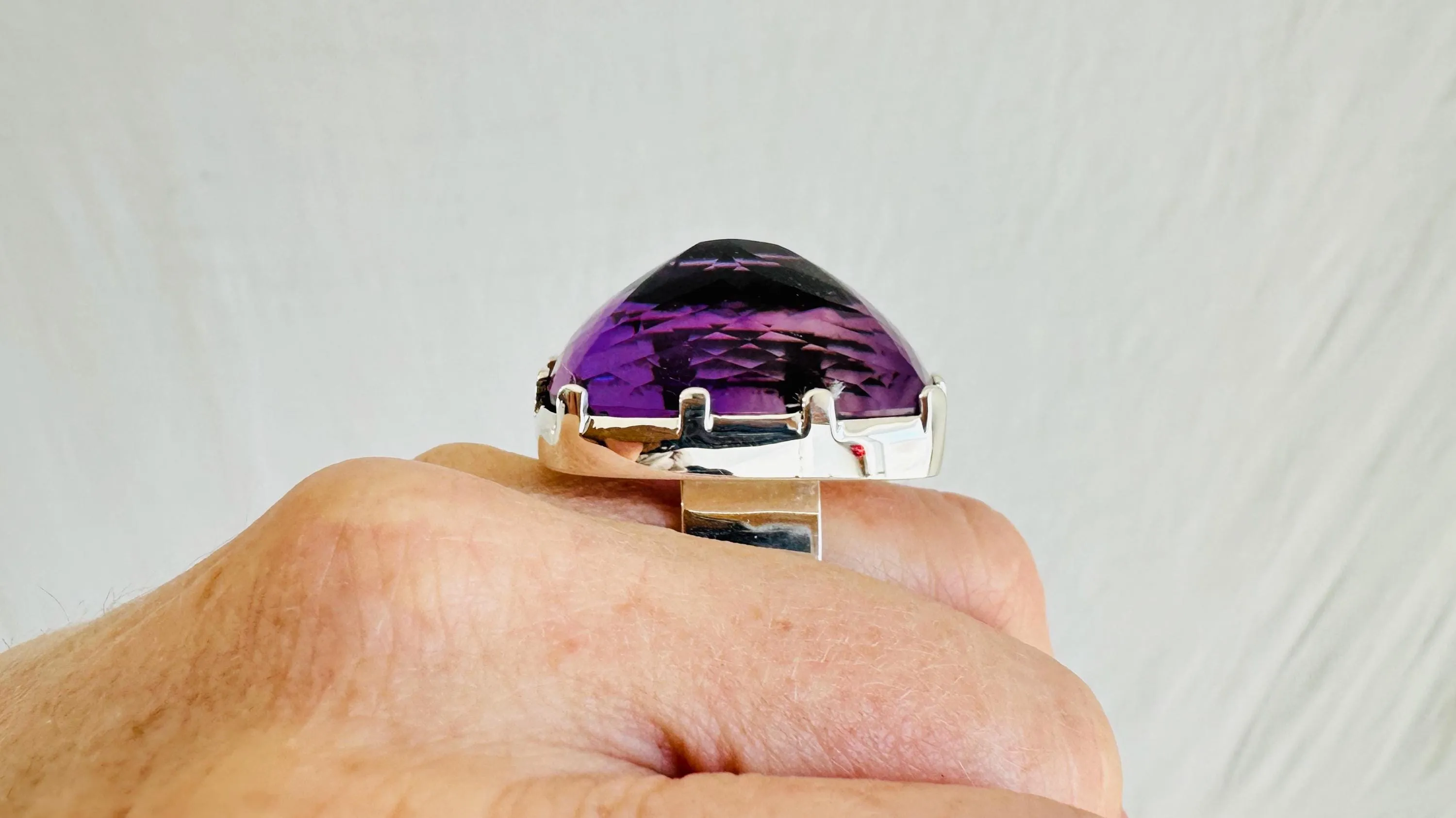 Oversized Faceted Amethyst Cocktail Ring | Handmade Adjustable Sterling Silver | Unique Gemstone Jewelry.