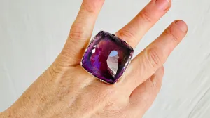 Oversized Faceted Amethyst Cocktail Ring | Handmade Adjustable Sterling Silver | Unique Gemstone Jewelry.