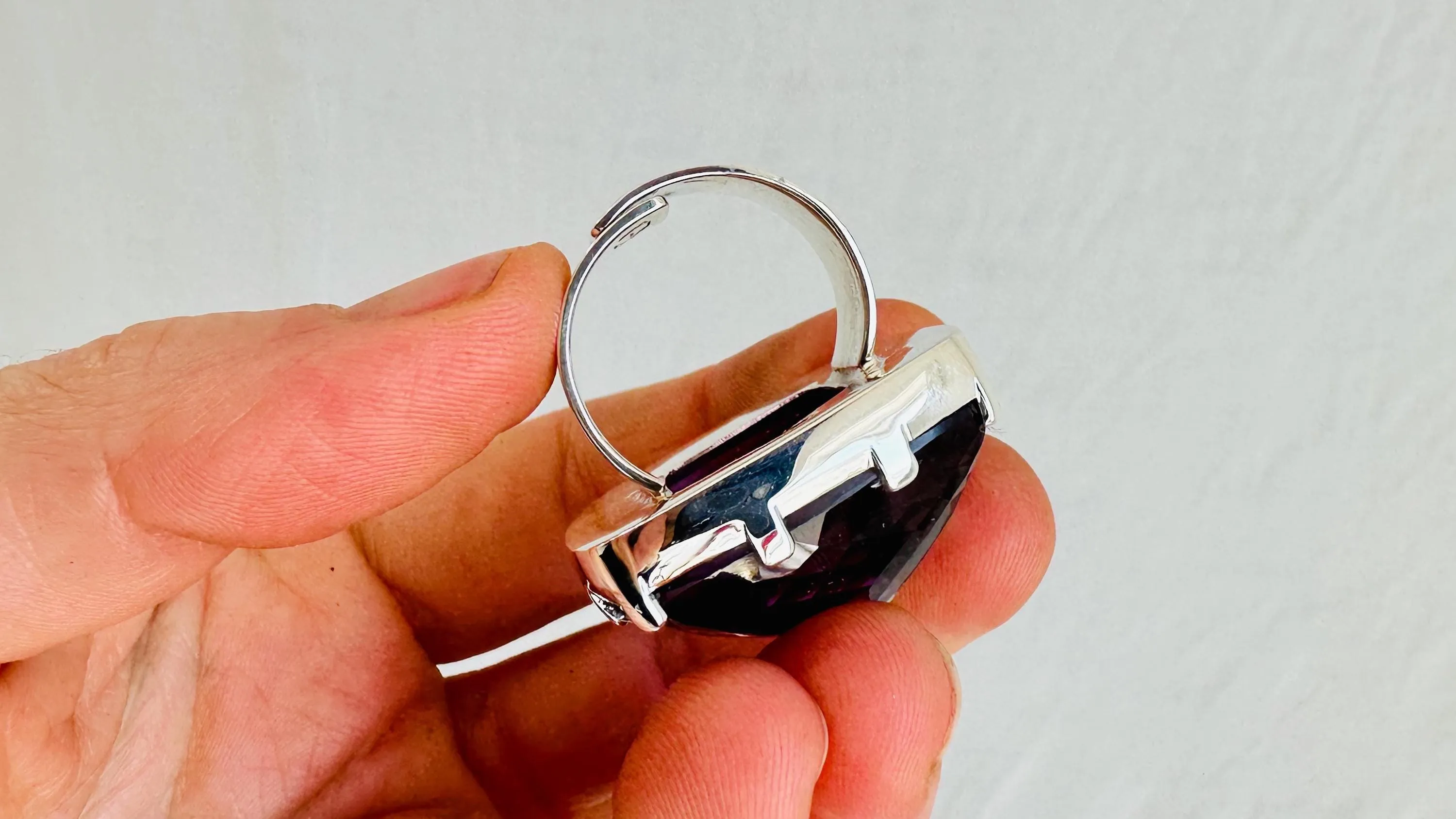 Oversized Faceted Amethyst Cocktail Ring | Handmade Adjustable Sterling Silver | Unique Gemstone Jewelry.